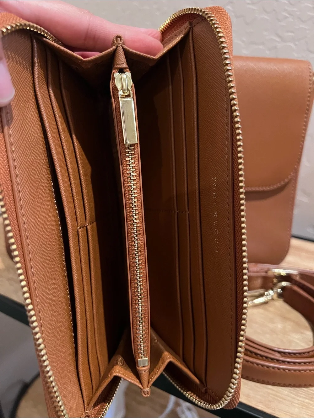 Tory Burch Leather Crossbody Bag and Zip Wallet in Saddle Tan